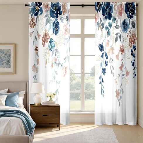 Floral Curtains for Bedroom and Living Room 84 inches Long,Farmhouse Classic Boho Flower Semi-Sheer Curtains Light Filtering Privacy Rod Pocket,Blue Pink 2 Panels,52 x 84 inch in Saudi Arabia