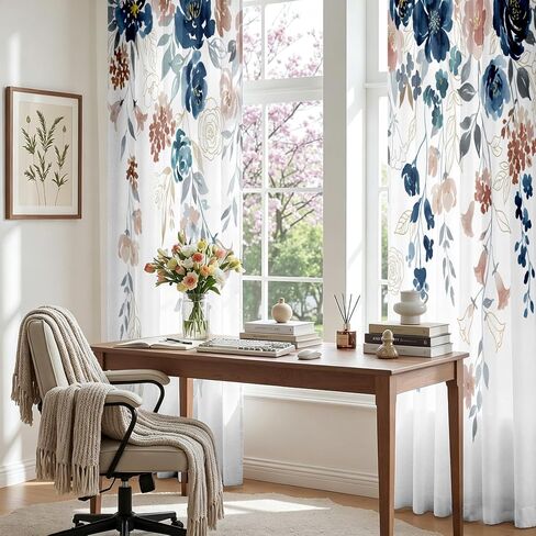 Floral Curtains for Bedroom and Living Room 84 inches Long,Farmhouse Classic Boho Flower Semi-Sheer Curtains Light Filtering Privacy Rod Pocket,Blue Pink 2 Panels,52 x 84 inch in Saudi Arabia