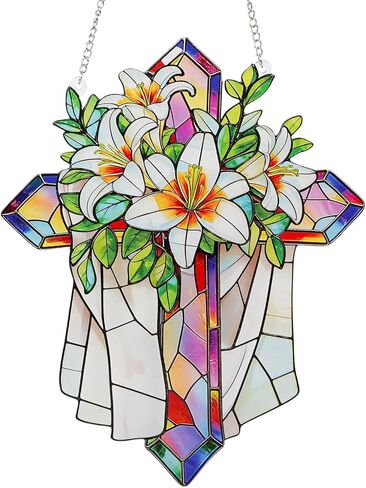 Stained Glass Cross Floral Suncatcher Christian Ornament Windows Flower Cross Gifts for Religious Gifts Religious Home Decor Wall Hanging Decorations for Mom's Day in Saudi Arabia