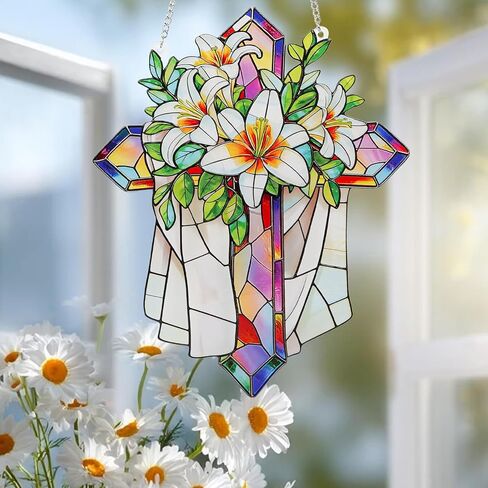 Stained Glass Cross Floral Suncatcher Christian Ornament Windows Flower Cross Gifts for Religious Gifts Religious Home Decor Wall Hanging Decorations for Mom's Day in Saudi Arabia
