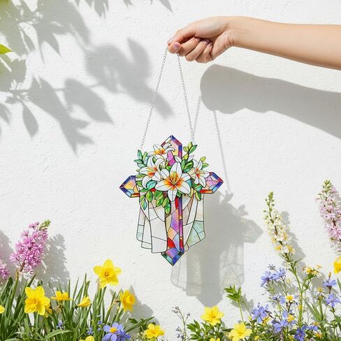 Stained Glass Cross Floral Suncatcher Christian Ornament Windows Flower Cross Gifts for Religious Gifts Religious Home Decor Wall Hanging Decorations for Mom's Day in Saudi Arabia