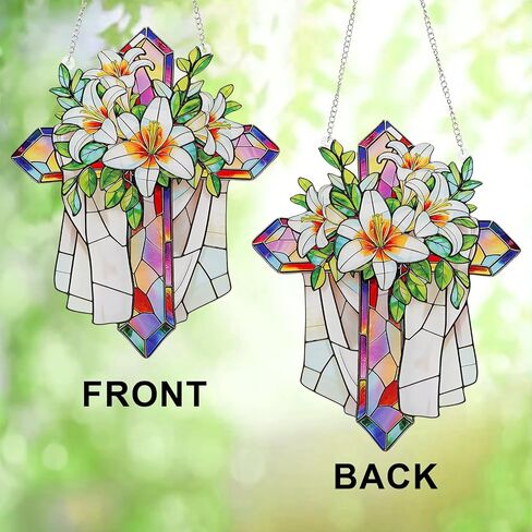 Stained Glass Cross Floral Suncatcher Christian Ornament Windows Flower Cross Gifts for Religious Gifts Religious Home Decor Wall Hanging Decorations for Mom's Day in Saudi Arabia