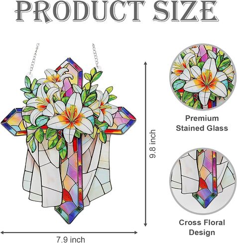 Stained Glass Cross Floral Suncatcher Christian Ornament Windows Flower Cross Gifts for Religious Gifts Religious Home Decor Wall Hanging Decorations for Mom's Day in Saudi Arabia
