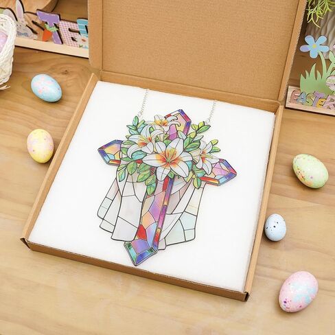 Stained Glass Cross Floral Suncatcher Christian Ornament Windows Flower Cross Gifts for Religious Gifts Religious Home Decor Wall Hanging Decorations for Mom's Day in Saudi Arabia
