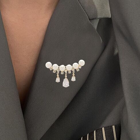 Elegant Pearl Rhinestone Tassel Brooch for Women Sparkling Crystal Pearls Lapel Pin Badge Dresses Clothing Accessories Jewelry in Kuwait
