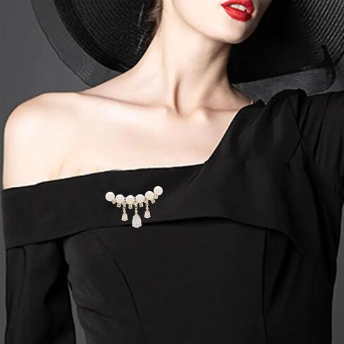 Elegant Pearl Rhinestone Tassel Brooch for Women Sparkling Crystal Pearls Lapel Pin Badge Dresses Clothing Accessories Jewelry in Kuwait