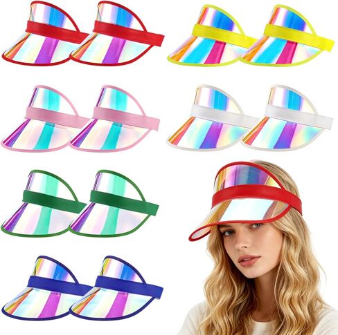 12 PCS Iridescent Clear Sun Visor Hats, Transparent PVC Wide Brim Visors with Elastic Headband, Colorful Beach Party Favors for Pool, Travel, Festival, Outdoor Group Events in Kuwait