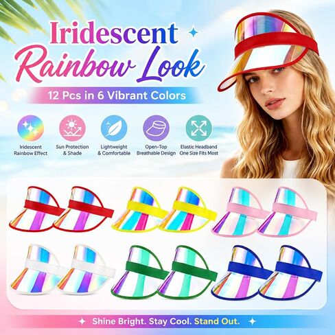 12 PCS Iridescent Clear Sun Visor Hats, Transparent PVC Wide Brim Visors with Elastic Headband, Colorful Beach Party Favors for Pool, Travel, Festival, Outdoor Group Events in Kuwait
