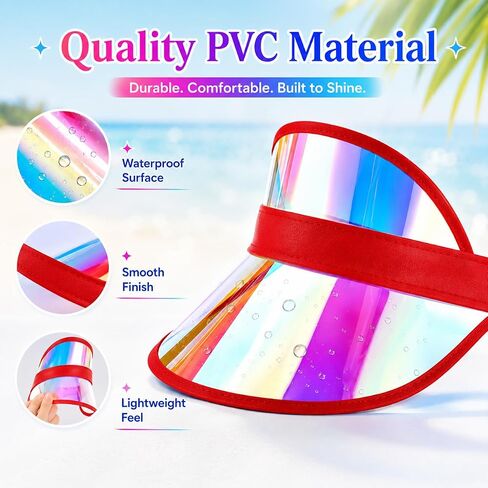 12 PCS Iridescent Clear Sun Visor Hats, Transparent PVC Wide Brim Visors with Elastic Headband, Colorful Beach Party Favors for Pool, Travel, Festival, Outdoor Group Events in Kuwait