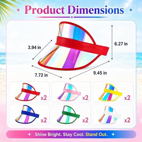 12 PCS Iridescent Clear Sun Visor Hats, Transparent PVC Wide Brim Visors with Elastic Headband, Colorful Beach Party Favors for Pool, Travel, Festival, Outdoor Group Events in Kuwait