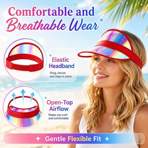 12 PCS Iridescent Clear Sun Visor Hats, Transparent PVC Wide Brim Visors with Elastic Headband, Colorful Beach Party Favors for Pool, Travel, Festival, Outdoor Group Events in Kuwait