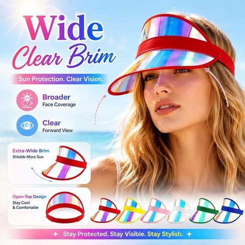 12 PCS Iridescent Clear Sun Visor Hats, Transparent PVC Wide Brim Visors with Elastic Headband, Colorful Beach Party Favors for Pool, Travel, Festival, Outdoor Group Events in Kuwait