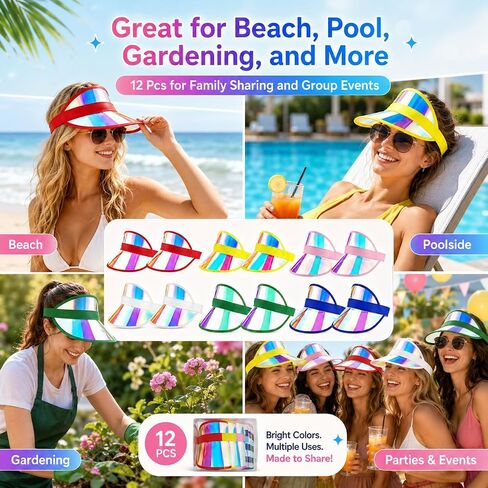 12 PCS Iridescent Clear Sun Visor Hats, Transparent PVC Wide Brim Visors with Elastic Headband, Colorful Beach Party Favors for Pool, Travel, Festival, Outdoor Group Events in Kuwait