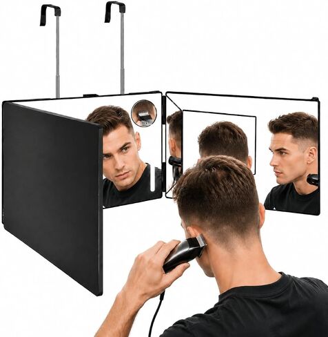 3 Way Mirror with Lights for Self Hair Cutting, Removable 10X Magnifier, Rechargeable Trifold Barber Mirror with 3 Light Modes, 23-Inch Telescoping Hooks for Makeup, Styling and Shaving, Black in Saudi Arabia