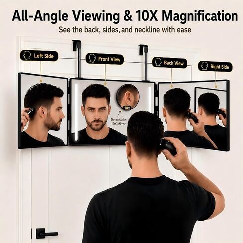 3 Way Mirror with Lights for Self Hair Cutting, Removable 10X Magnifier, Rechargeable Trifold Barber Mirror with 3 Light Modes, 23-Inch Telescoping Hooks for Makeup, Styling and Shaving, Black in Saudi Arabia