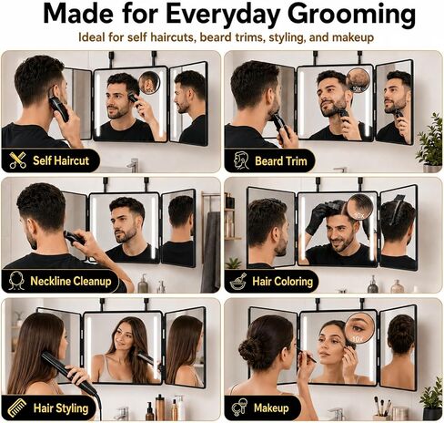 3 Way Mirror with Lights for Self Hair Cutting, Removable 10X Magnifier, Rechargeable Trifold Barber Mirror with 3 Light Modes, 23-Inch Telescoping Hooks for Makeup, Styling and Shaving, Black in Saudi Arabia