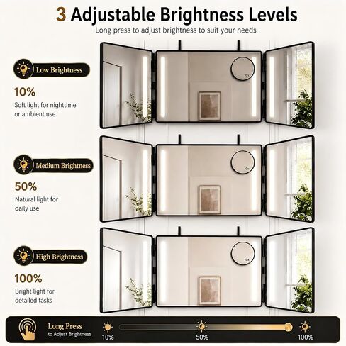 3 Way Mirror with Lights for Self Hair Cutting, Removable 10X Magnifier, Rechargeable Trifold Barber Mirror with 3 Light Modes, 23-Inch Telescoping Hooks for Makeup, Styling and Shaving, Black in Saudi Arabia