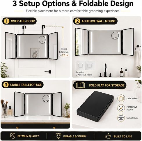 3 Way Mirror with Lights for Self Hair Cutting, Removable 10X Magnifier, Rechargeable Trifold Barber Mirror with 3 Light Modes, 23-Inch Telescoping Hooks for Makeup, Styling and Shaving, Black in Saudi Arabia