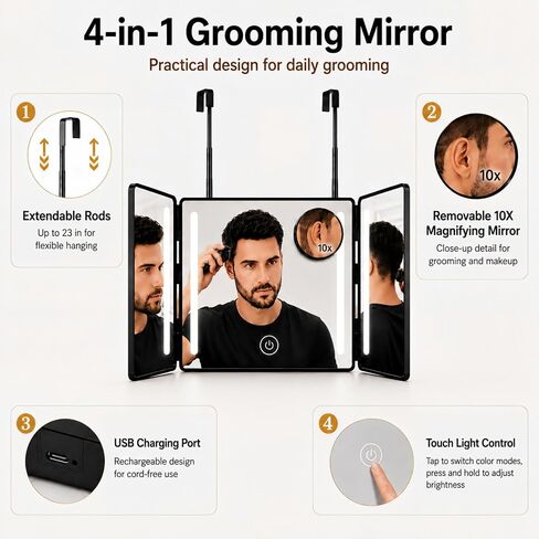 3 Way Mirror with Lights for Self Hair Cutting, Removable 10X Magnifier, Rechargeable Trifold Barber Mirror with 3 Light Modes, 23-Inch Telescoping Hooks for Makeup, Styling and Shaving, Black in Saudi Arabia