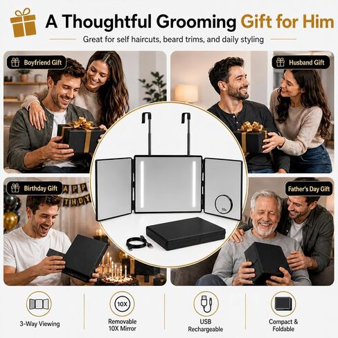 3 Way Mirror with Lights for Self Hair Cutting, Removable 10X Magnifier, Rechargeable Trifold Barber Mirror with 3 Light Modes, 23-Inch Telescoping Hooks for Makeup, Styling and Shaving, Black in Saudi Arabia