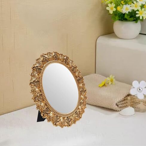 JANDERART Small Oval Vintage Mirror 12.5x10.5 Inch, Antique Ornate Decorative Mirror for Desk & Wall, Vanity Mirror for Makeup, Gold in Saudi Arabia