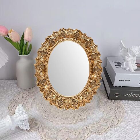 JANDERART Small Oval Vintage Mirror 12.5x10.5 Inch, Antique Ornate Decorative Mirror for Desk & Wall, Vanity Mirror for Makeup, Gold in Saudi Arabia