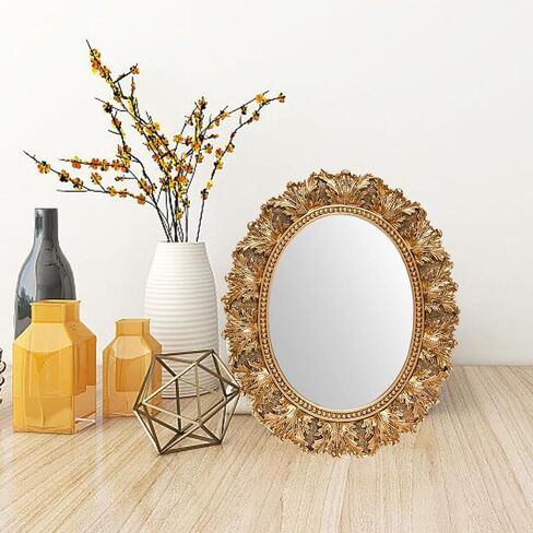 JANDERART Small Oval Vintage Mirror 12.5x10.5 Inch, Antique Ornate Decorative Mirror for Desk & Wall, Vanity Mirror for Makeup, Gold in Saudi Arabia