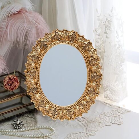 JANDERART Small Oval Vintage Mirror 12.5x10.5 Inch, Antique Ornate Decorative Mirror for Desk & Wall, Vanity Mirror for Makeup, Gold in Saudi Arabia