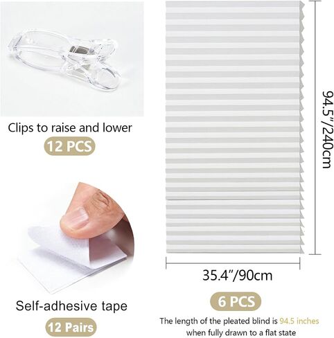 6 Pcs 35 x 94 Inches Temporary Blinds for Indoor Windows, Non-Woven Fabric Pleated Shades, No Drill Cut to Size Sticky Blackout Blinds for Sliding Door, French Door, Office, White in Saudi Arabia