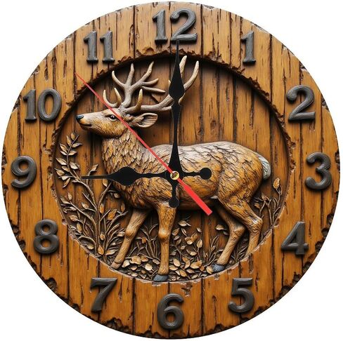 Carved Deer Wooden Brown Round Wall Clock - 10 Inch Non-Ticking Timepiece for Living Room Entryway Kitchen Decor in Kuwait