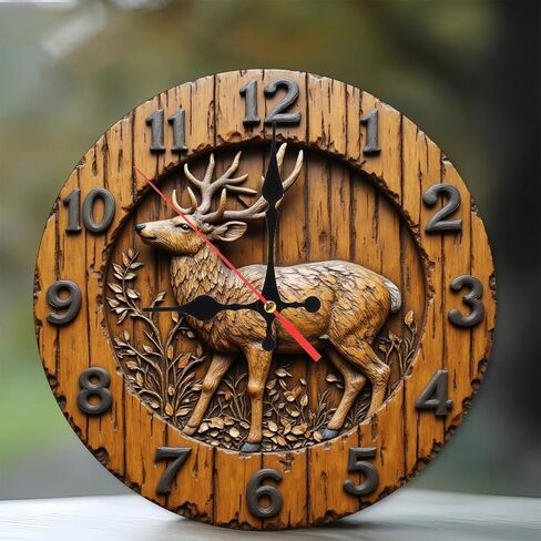 Carved Deer Wooden Brown Round Wall Clock - 10 Inch Non-Ticking Timepiece for Living Room Entryway Kitchen Decor in Kuwait
