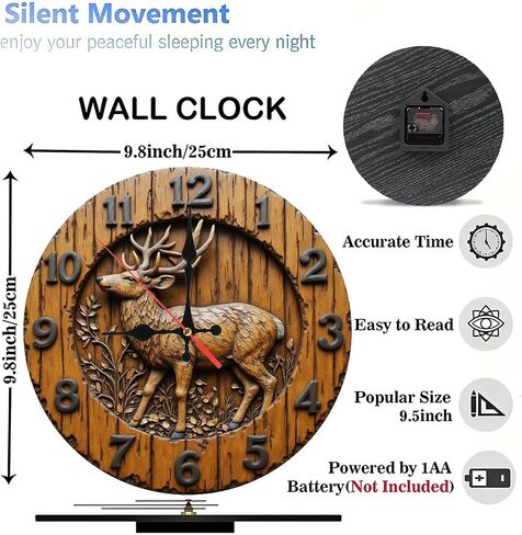 Carved Deer Wooden Brown Round Wall Clock - 10 Inch Non-Ticking Timepiece for Living Room Entryway Kitchen Decor in Kuwait