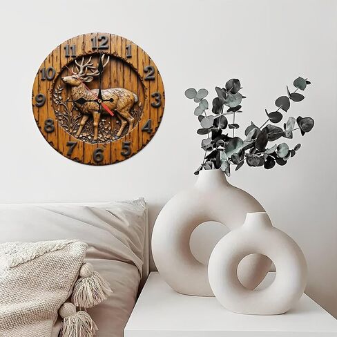 Carved Deer Wooden Brown Round Wall Clock - 10 Inch Non-Ticking Timepiece for Living Room Entryway Kitchen Decor in Kuwait