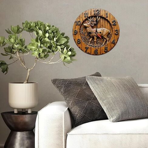 Carved Deer Wooden Brown Round Wall Clock - 10 Inch Non-Ticking Timepiece for Living Room Entryway Kitchen Decor in Kuwait
