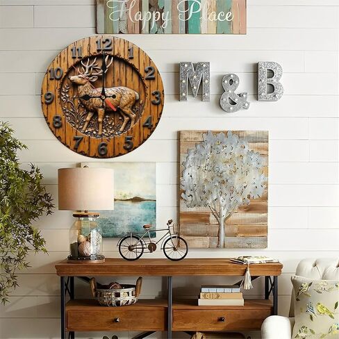 Carved Deer Wooden Brown Round Wall Clock - 10 Inch Non-Ticking Timepiece for Living Room Entryway Kitchen Decor in Kuwait