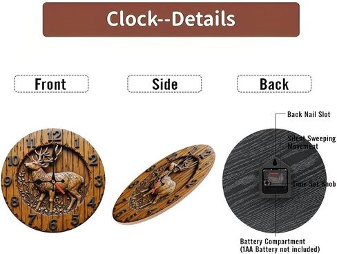 Carved Deer Wooden Brown Round Wall Clock - 10 Inch Non-Ticking Timepiece for Living Room Entryway Kitchen Decor in Kuwait