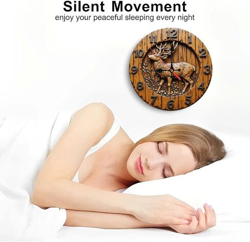 Carved Deer Wooden Brown Round Wall Clock - 10 Inch Non-Ticking Timepiece for Living Room Entryway Kitchen Decor in Kuwait