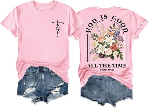 Christian Shirts for Women – Faith T-Shirt, God is Good All the Time, Religious Shirt, Floral Graphic Tee for Church in Kuwait
