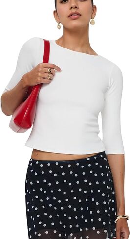 calbatic Women Ribbed Knit Half Sleeve T Shirts Crew Neck Slim Fit Basic Tees Spring Summer Casual Going Out Crop Tops in Saudi Arabia