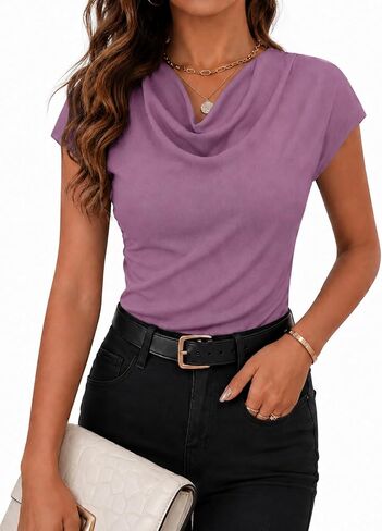 Woemn's Cowl Neck Cap Sleeve Shirts Business Casual Tops Fitted Soft Summer Blouses 2026 Trendy Clothes in Kuwait