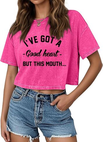 Cropped Graphic Tees for Women Funny Vintage Crop Top Sarcastic Humorous Tshirts Acid Wash Cotton Loose Fit Shirts in Saudi Arabia