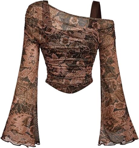 OYOANGLE Women's Paisley Print Bell Sleeve 2 in 1 Mesh Tops Long Sleeve Asymmetrical Ruched Boho Crop Tops in Kuwait