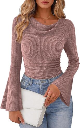 Lazysmile Women's Bell Sleeve Cowl Neck Ribbed Knit Shirts 2026 Ruched Trendy Going Out Tops Casual T Shirt in Saudi Arabia