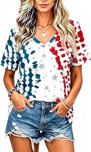 Roshop 4th of July Shirts Women Short Sleeve Holiday Patriotic Shirts in Saudi Arabia