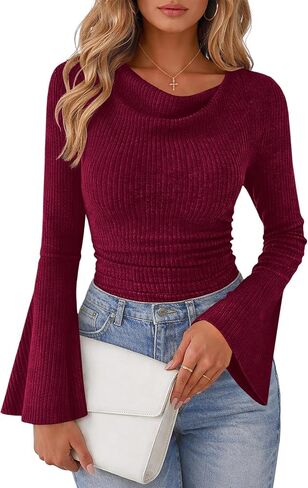 Lazysmile Women's Bell Sleeve Cowl Neck Ribbed Knit Shirts 2026 Ruched Trendy Going Out Tops Casual T Shirt in Saudi Arabia