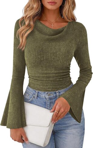 Lazysmile Women's Bell Sleeve Cowl Neck Ribbed Knit Shirts 2026 Ruched Trendy Going Out Tops Casual T Shirt in Saudi Arabia