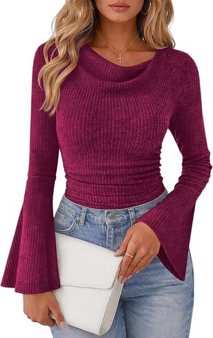 Lazysmile Women's Bell Sleeve Cowl Neck Ribbed Knit Shirts 2026 Ruched Trendy Going Out Tops Casual T Shirt in Saudi Arabia