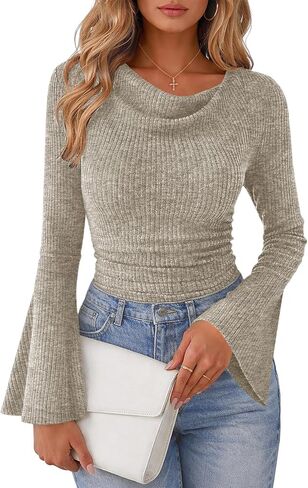 Lazysmile Women's Bell Sleeve Cowl Neck Ribbed Knit Shirts 2026 Ruched Trendy Going Out Tops Casual T Shirt in Saudi Arabia