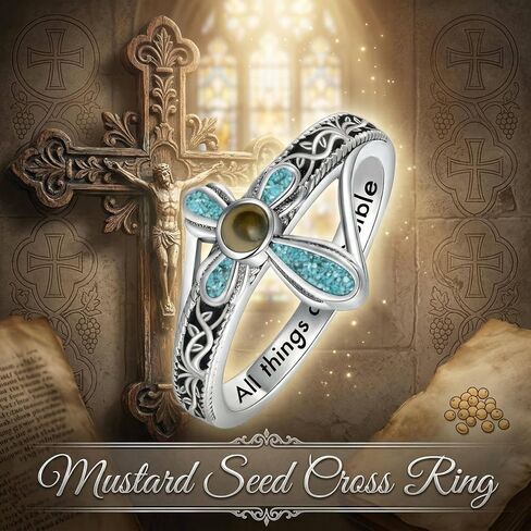 Mustard Seed Ring With All Things Are Possible Turquoise Cross Rings Christian Jewelry for Women Size 6-9 in Saudi Arabia