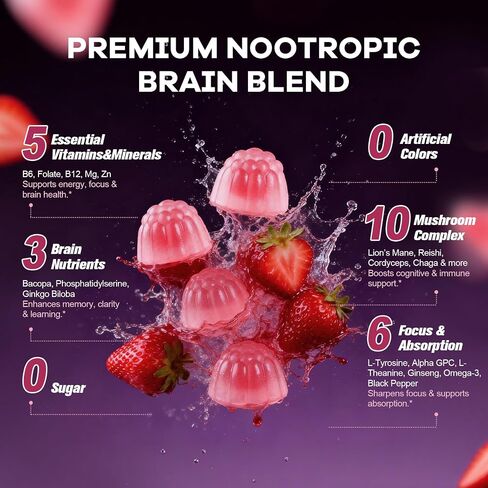 Migcopat Brain Supplements for Memory & Focus – Nootropic Gummies w/Bacopa, Lion’s Mane, Ginkgo & 10-in-1 Mushroom Complex, Mental Clarity & Cognitive Support, Caffeine-Free Strawberry Flavor 60 Cts in Saudi Arabia